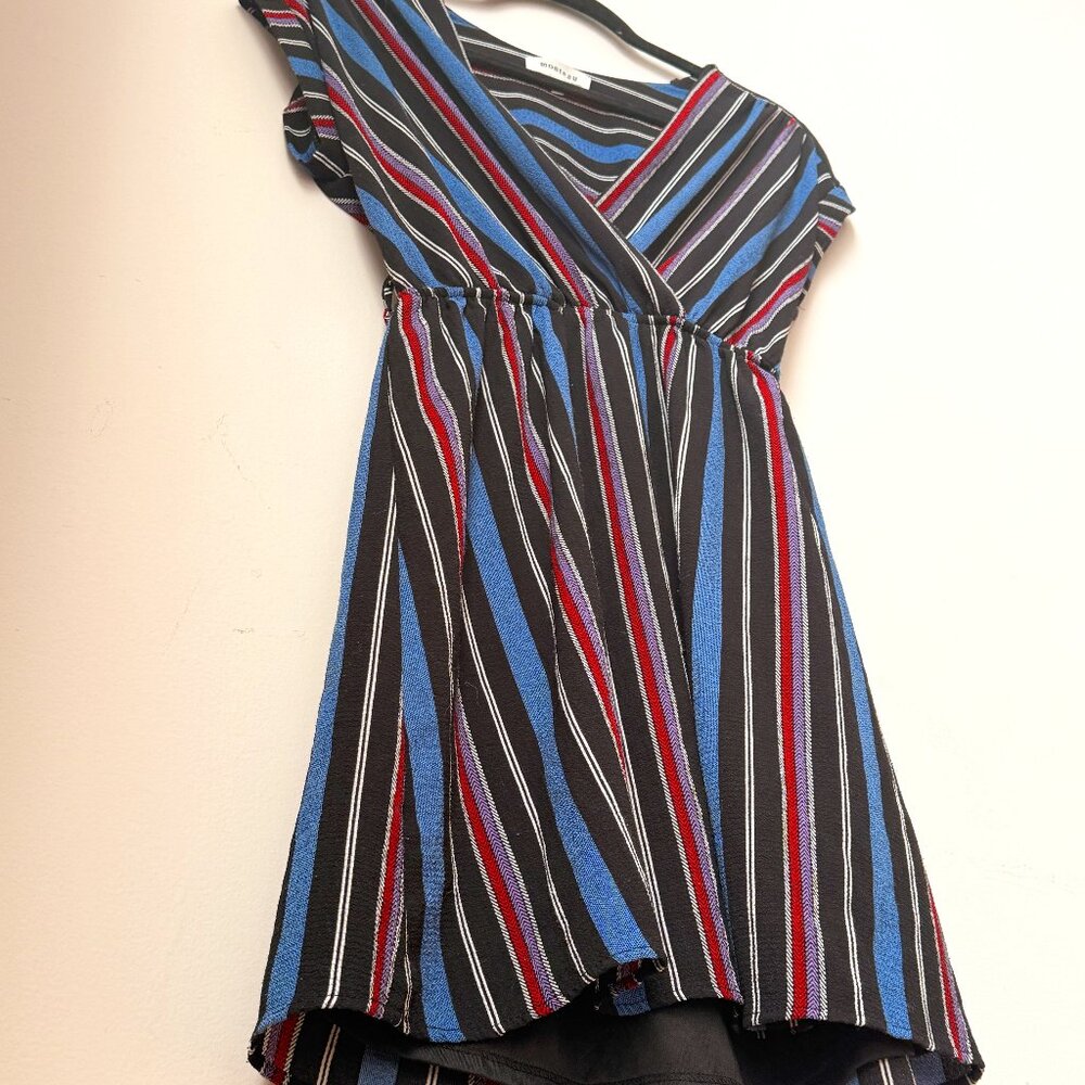 Monteau wrap mini dress ~ plunge surplice v-neck ~ striped ~ slip skirt